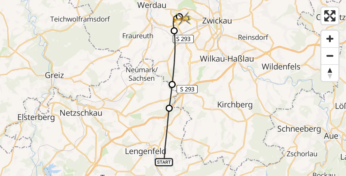 Flugroute Rettungshubschrauber Lengenfeld - ADAC Air Rescue Station Zwickau Hubschrauberlandeplatz, 25 Juli 2026, 11:36