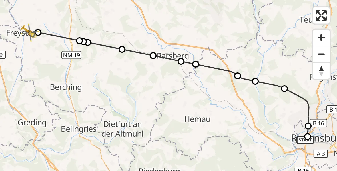 Flugroute Ambulanzhubschrauber Barmherzige Brüder (Brothers of Mercy) Hospital Regensburg - Freystadt, 25 Juli 2026, 11:36