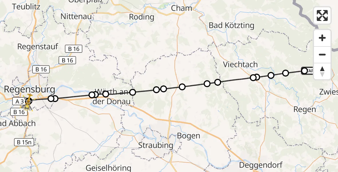 Flugroute Rettungshubschrauber Langdorf - DRF Air Rescue Station Regensburg / Regensburg University Hospital, 25 Juli 2026, 11:39