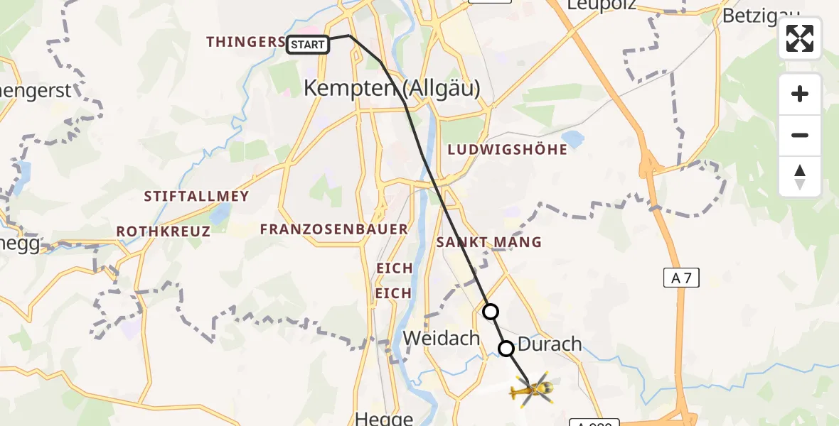 Flugroute Rettungshubschrauber Kempten (Allgäu) - Kempten-Durach Flugplatz, 25 Juli 2026, 11:39