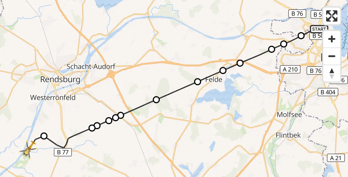 Flugroute Ambulanzhubschrauber Kiel - Schülp b.Rendsburg, 25 Juli 2026, 11:39