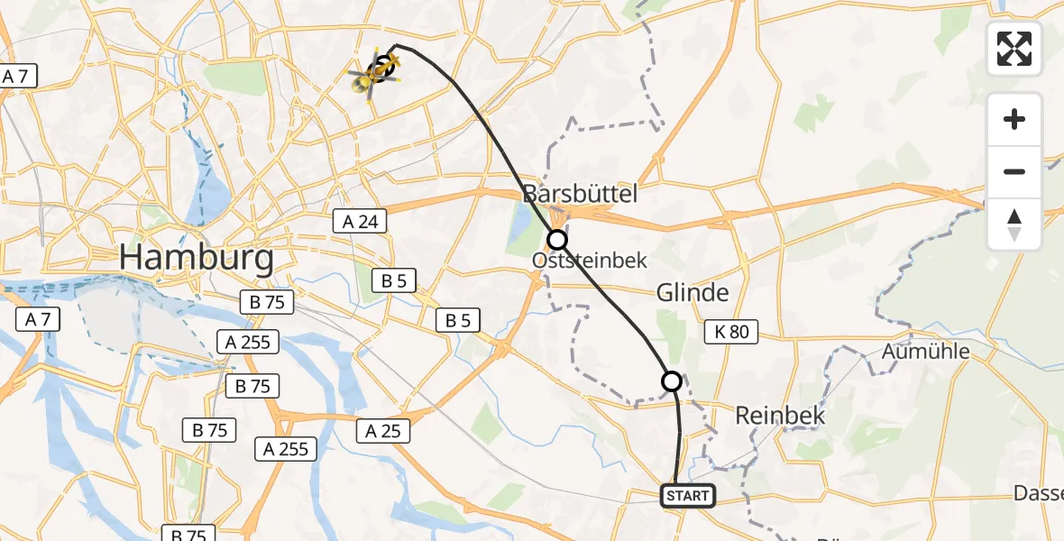 Flugroute Rettungshubschrauber Hamburg - Hamburg Military Hospital, 25 Juli 2026, 11:46