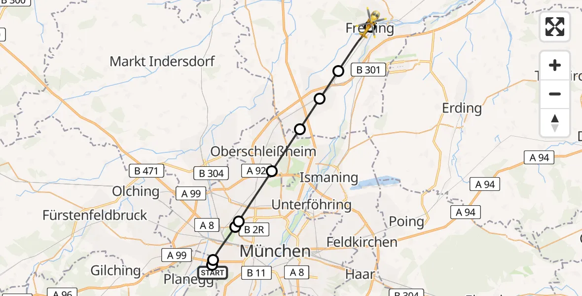 Flugroute Rettungshubschrauber DRF Air Rescue München Hubschrauberlandeplatz - Freising Clinic Hubschrauberlandeplatz, 25 Juli 2026, 11:57