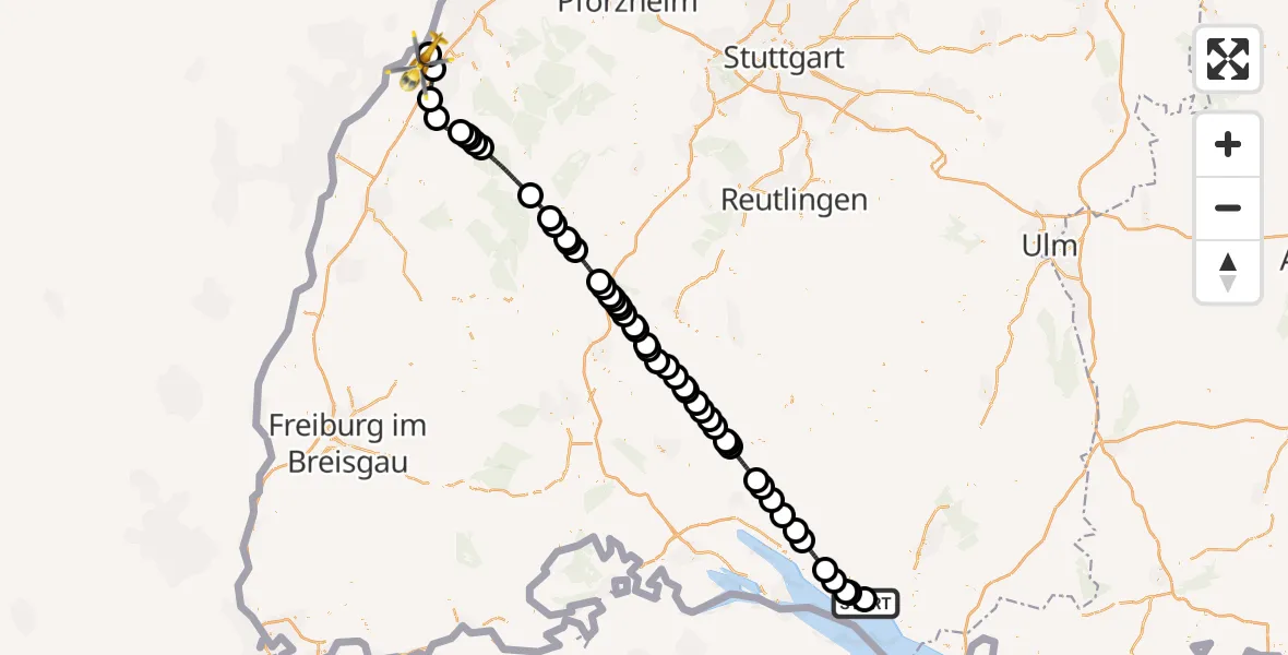 Flugroute Rettungshubschrauber Friedrichshafen Hospital - Karlsruhe Baden-Baden Flughafen, 25 Juli 2026, 11:58