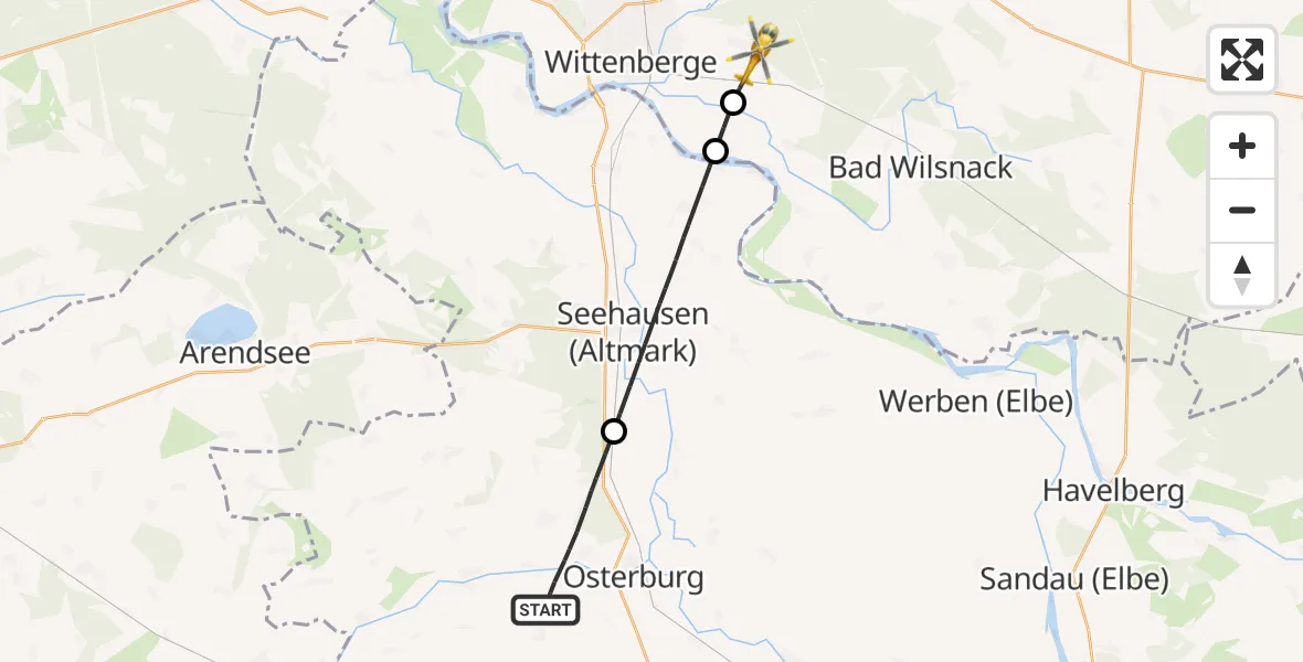 Flugroute Rettungshubschrauber Osterburg (Altmark) - Breese, 25 Juli 2026, 12:04
