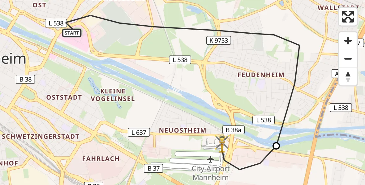 Flugroute Rettungshubschrauber Mannheim - Mannheim-City Flughafen, 25 Juli 2026, 12:05