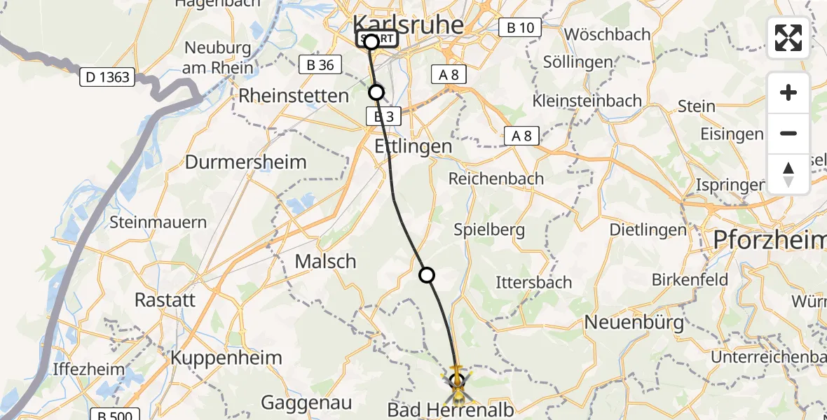 Flugroute Ambulanzhubschrauber Sankt Vincentius Hospital - Bad Herrenalb, 25 Juli 2026, 12:07