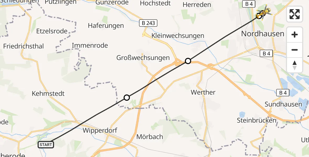 Flugroute Rettungshubschrauber Bleicherode - Südharz Hospital Nordhausen, 25 Juli 2026, 12:09