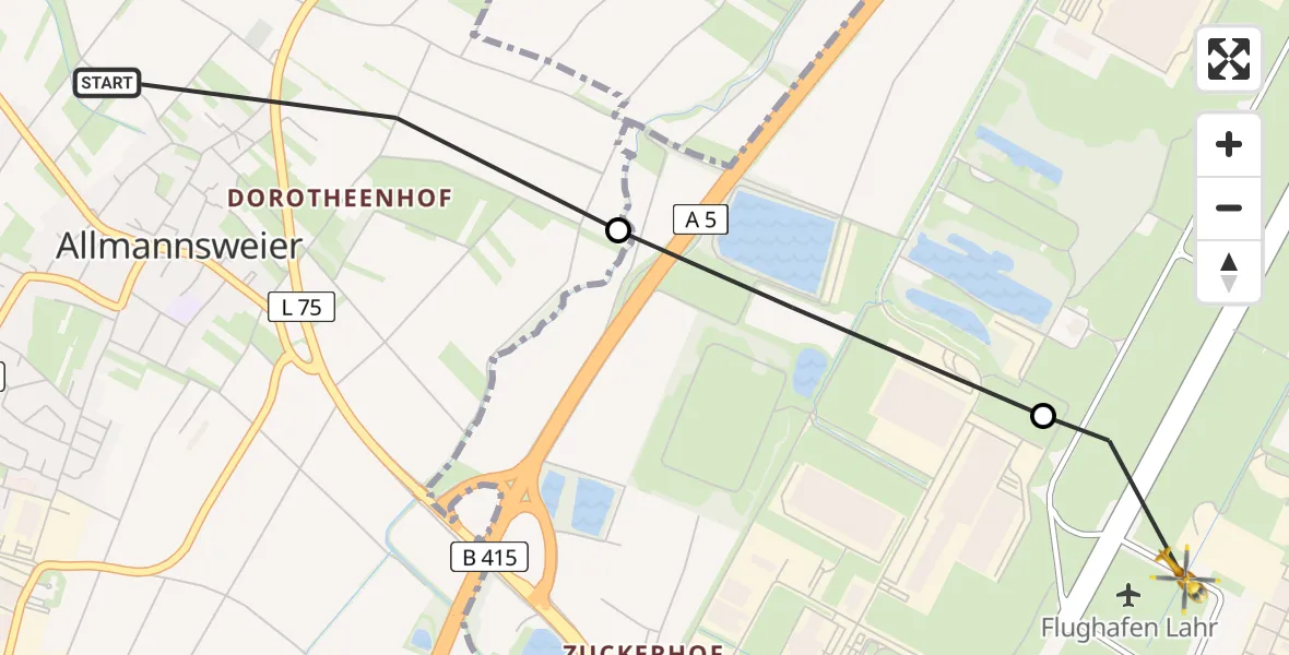 Flugroute Rettungshubschrauber Schwanau - Lahr Flughafen, 25 Juli 2026, 12:11