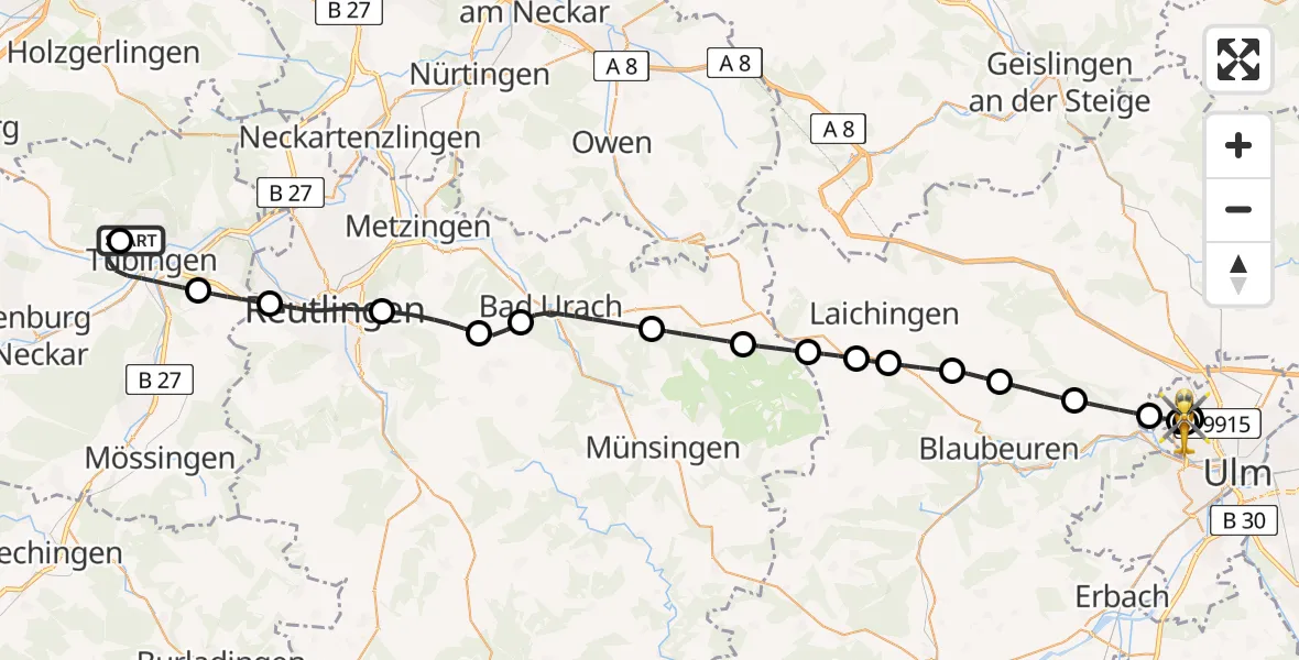 Flugroute Rettungshubschrauber Tübingen Trauma Hospital - ADAC Air Rescue Station Ulm (Christoph 22), 25 Juli 2026, 12:11