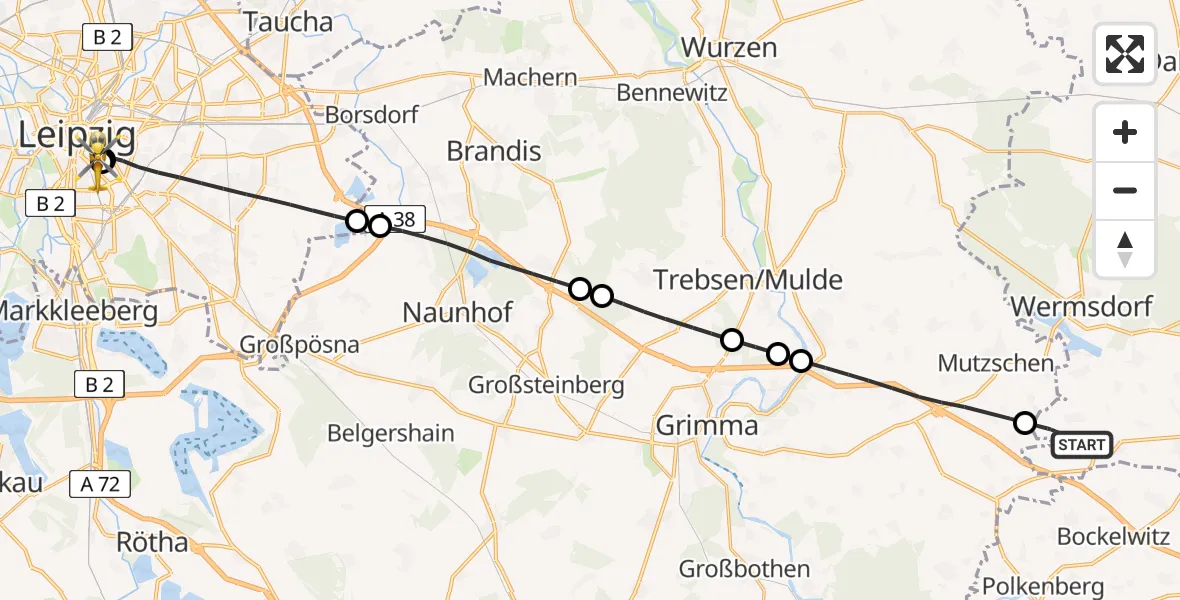 Flugroute Rettungshubschrauber Mügeln - Leipzig University Hospital Heliport 1, 25 Juli 2026, 12:17