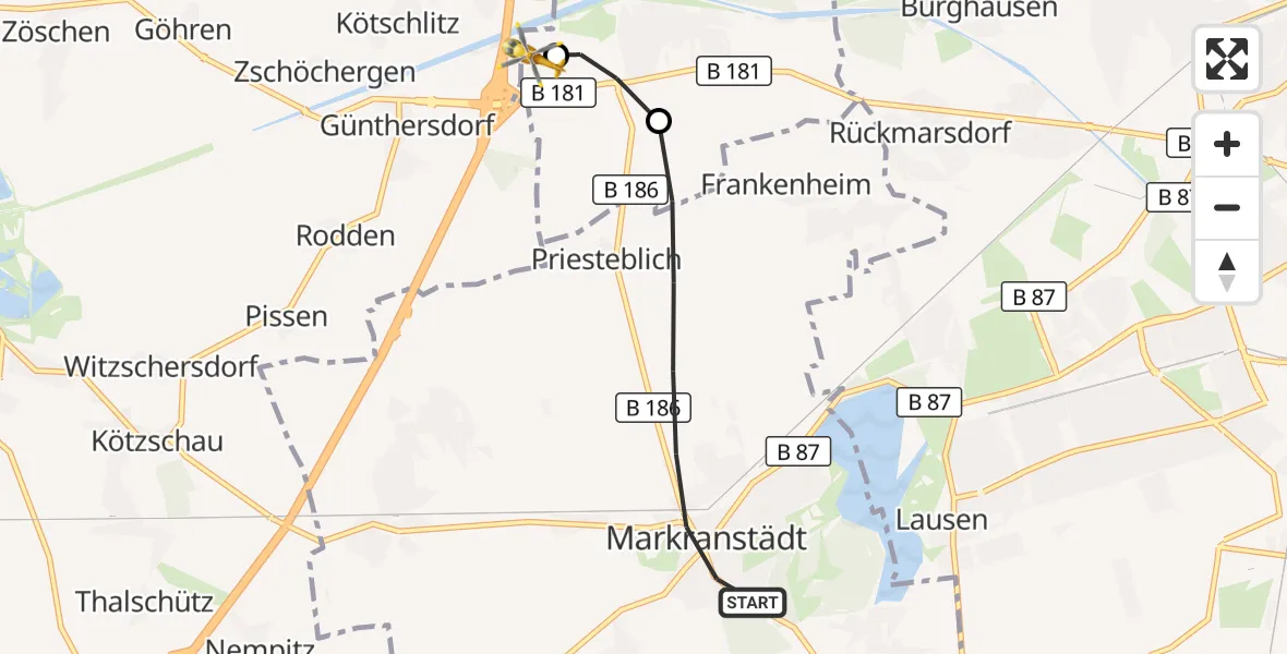Flugroute Rettungshubschrauber Markranstädt - ADAC Air Rescue Station Leipzig/Schkeuditz-Dölzig Hubschrauberlandeplatz (Christoph 61), 25 Juli 2026, 12:25