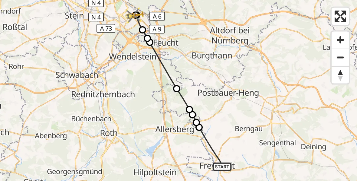 Flugroute Ambulanzhubschrauber Freystadt - Nürnberg South Hospital, 25 Juli 2026, 12:27
