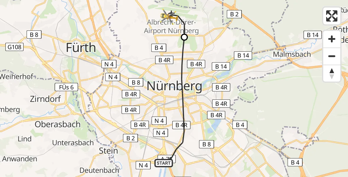 Flugroute Ambulanzhubschrauber Nürnberg - Flughafen Nuremberg, 25 Juli 2026, 12:27