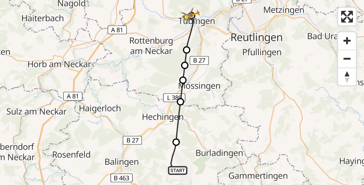 Flugroute Ambulanzhubschrauber Albstadt - Tübingen University Hospital, 25 Juli 2026, 12:37