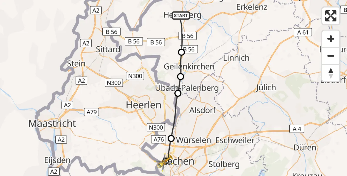 Flugroute Ambulanzhubschrauber Heinsberg - Aachen Hospital, 25 Juli 2026, 12:39