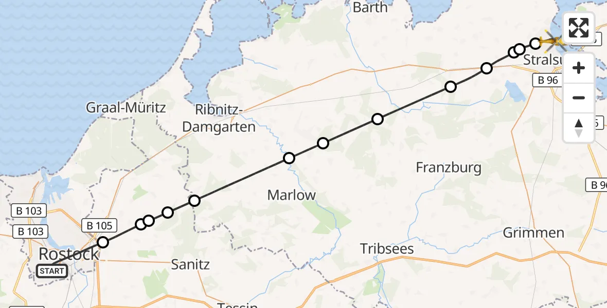 Flugroute Rettungshubschrauber Rostock - Stralsund, 25 Juli 2026, 12:42