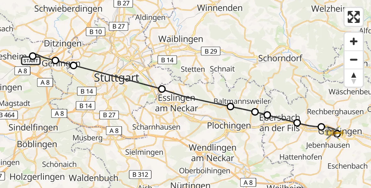 Flugroute Rettungshubschrauber Leonberg Hospital - Christophsbad Hubschrauberlandeplatz, 25 Juli 2026, 12:48