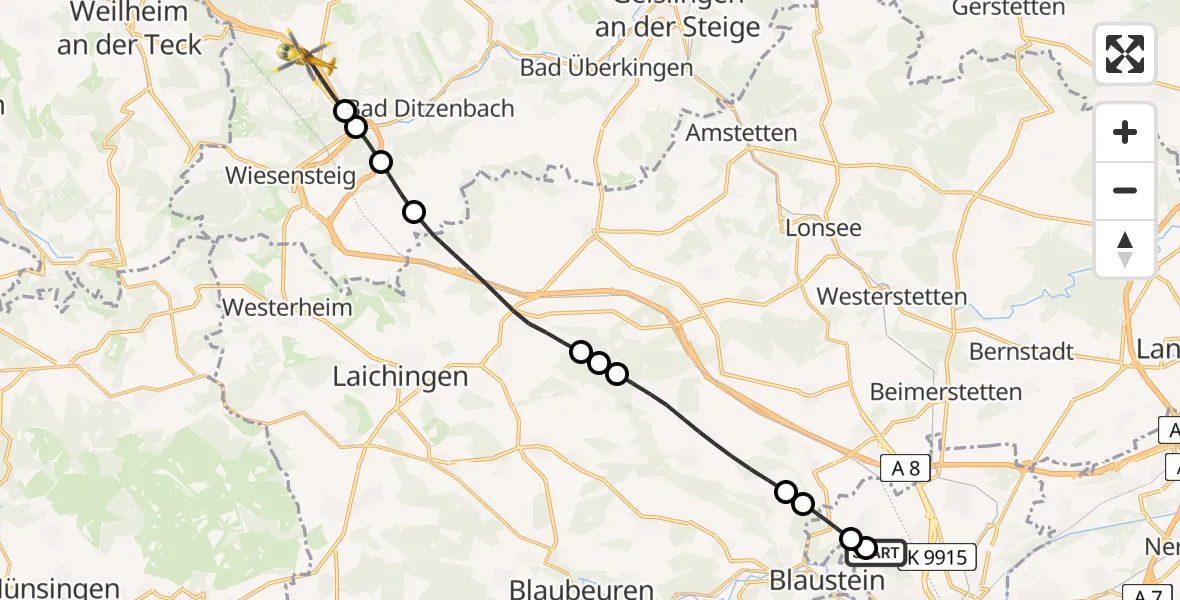 Flugroute Rettungshubschrauber Ulm Military Hospital Emergency - Gruibingen, 25 Juli 2026, 12:52