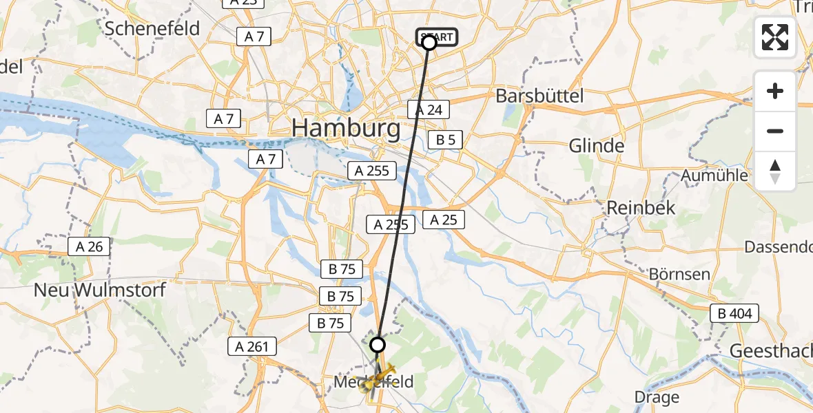 Flugroute Rettungshubschrauber Hamburg Military Hospital - Seevetal, 25 Juli 2026, 12:53