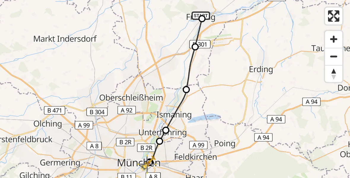 Flugroute Rettungshubschrauber Freising Clinic Hubschrauberlandeplatz - Rechts der Isar University Hospital, 25 Juli 2026, 12:57