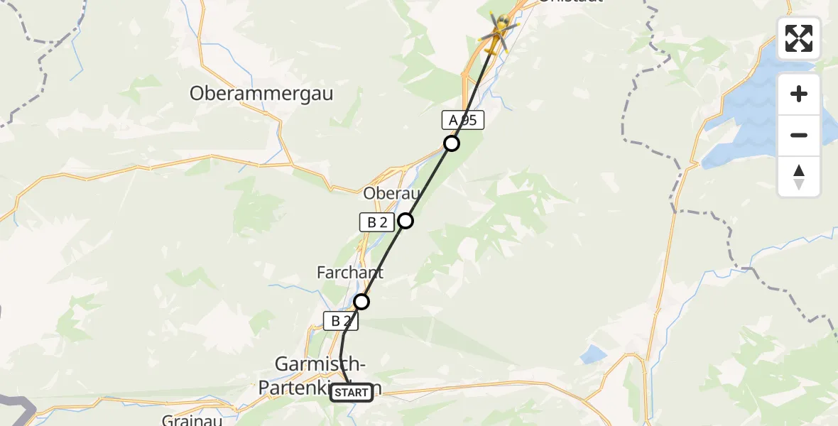 Flugroute Rettungshubschrauber Garmisch-Partenkirchen - Eschenlohe, 25 Juli 2026, 12:59