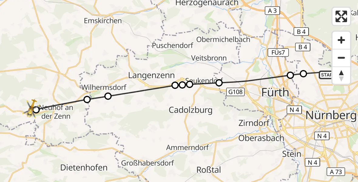 Flugroute Ambulanzhubschrauber Flughafen Nuremberg - Trautskirchen, 25 Juli 2026, 13:04