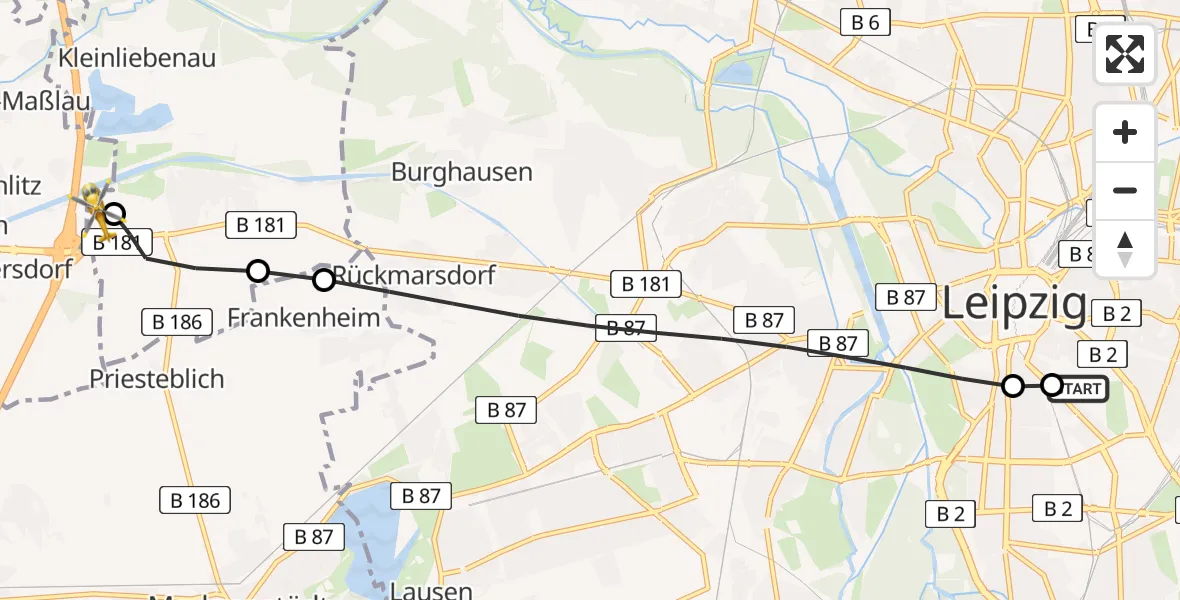 Flugroute Rettungshubschrauber Leipzig University Hospital Heliport 1 - ADAC Air Rescue Station Leipzig/Schkeuditz-Dölzig Hubschrauberlandeplatz (Christoph 61), 25 Juli 2026, 13:06