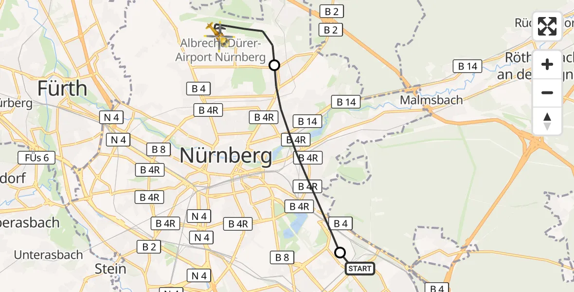 Flugroute Ambulanzhubschrauber Nürnberg South Hospital - Flughafen Nuremberg, 25 Juli 2026, 13:12