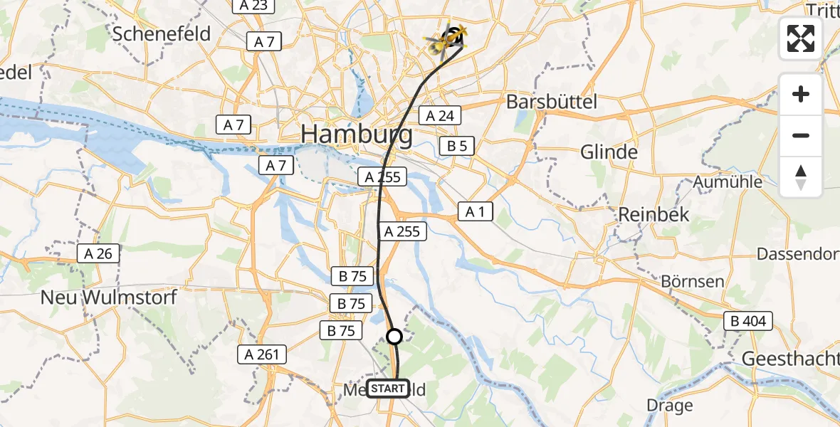Flugroute Rettungshubschrauber Seevetal - Hamburg Military Hospital, 25 Juli 2026, 13:13