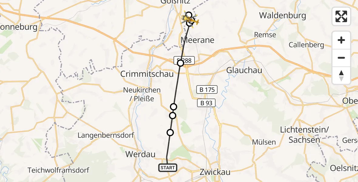 Flugroute Rettungshubschrauber Werdau - Gößnitz, 25 Juli 2026, 13:19
