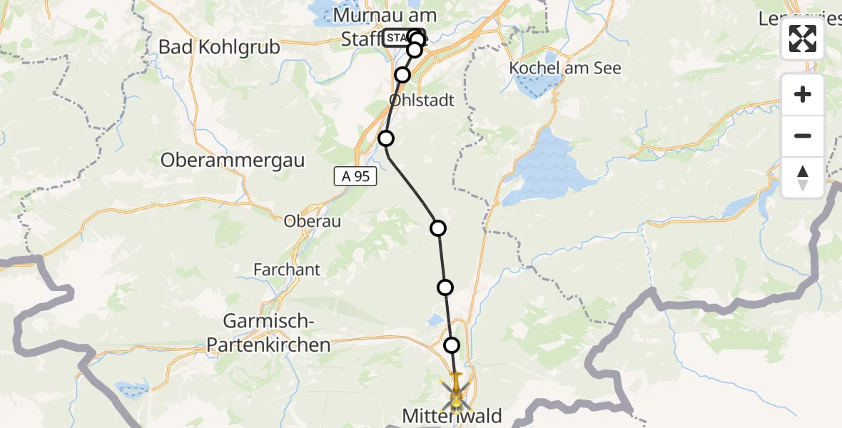 Flugroute Rettungshubschrauber Murnau Accident Hospital - Mittenwald, 25 Juli 2026, 13:19