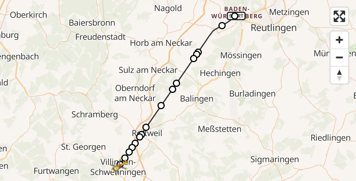 Flugroute Ambulanzhubschrauber Tübingen University Hospital - DRF Air Rescue Station Villingen-Schwenningen Hubschrauberlandeplatz (Christoph 11), 25 Juli 2026, 13:20