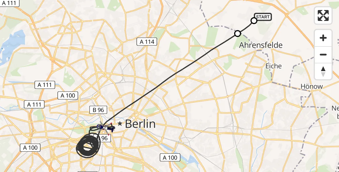 Flugroute Polizeihubschrauber Ahrensfelde Hubschrauberlandeplatz - Berlin, 25 Juli 2026, 13:20