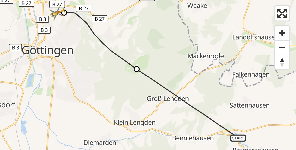 Flugroute Rettungshubschrauber Gleichen - Göttingen University Clinic Hubschrauberlandeplatz, 25 Juli 2026, 13:25