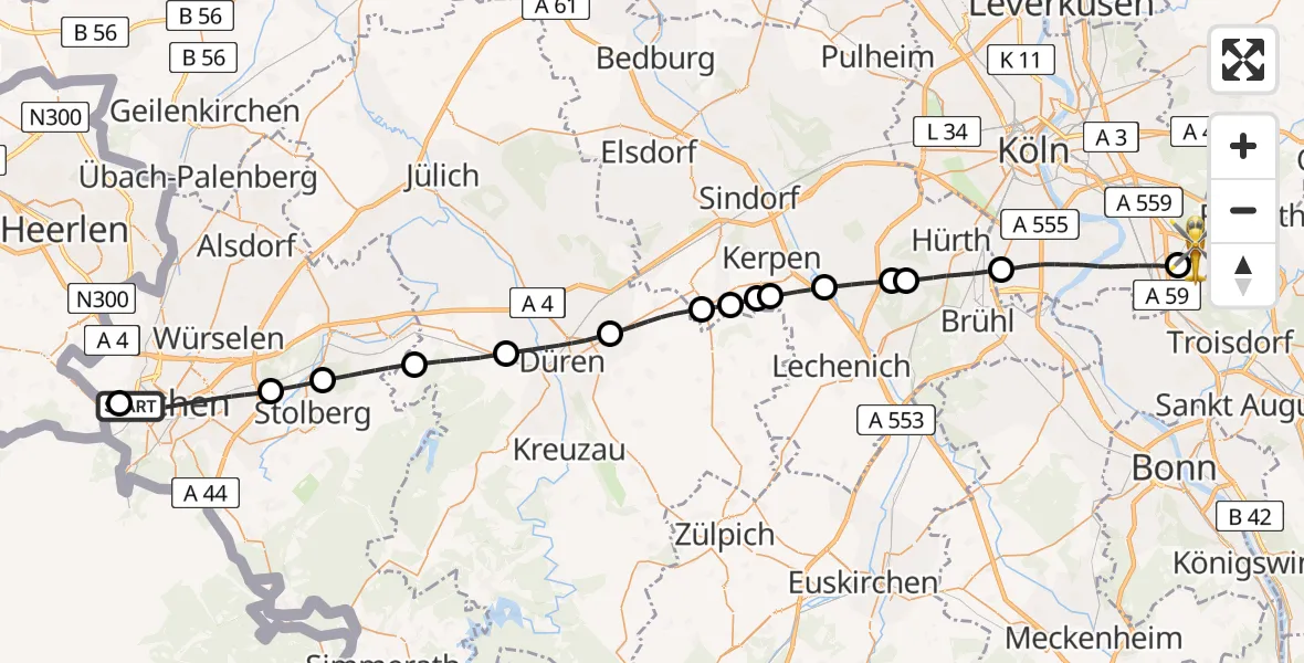 Flugroute Ambulanzhubschrauber Aachen Hospital - Köln Bonn Flughafen, 25 Juli 2026, 13:30