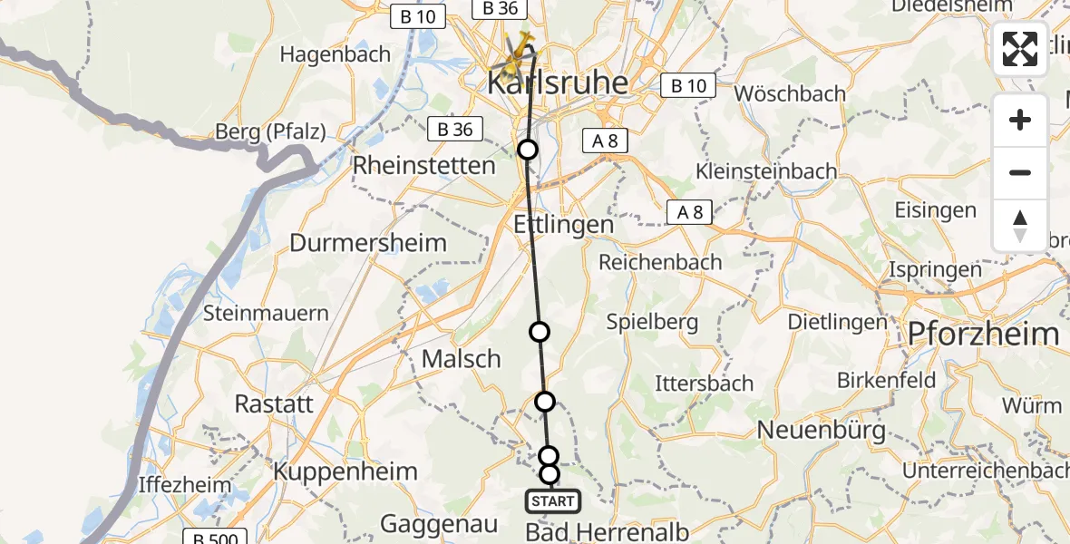 Flugroute Ambulanzhubschrauber Gaggenau - Karlsruhe, 25 Juli 2026, 13:33