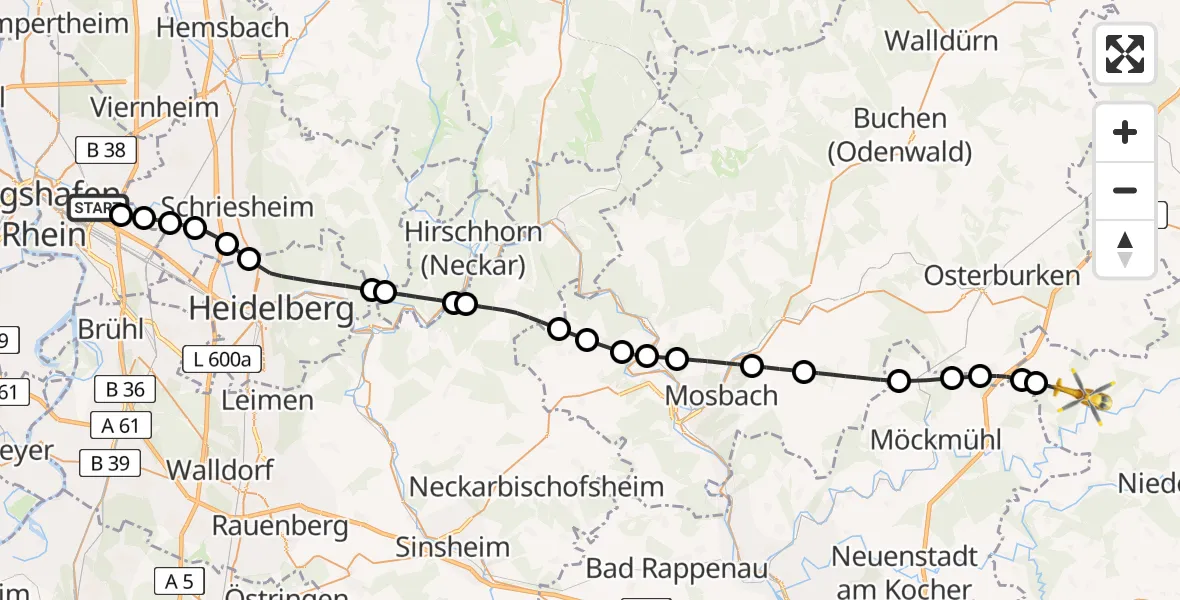 Flugroute Rettungshubschrauber Mannheim-City Flughafen - Schöntal, 25 Juli 2026, 13:34