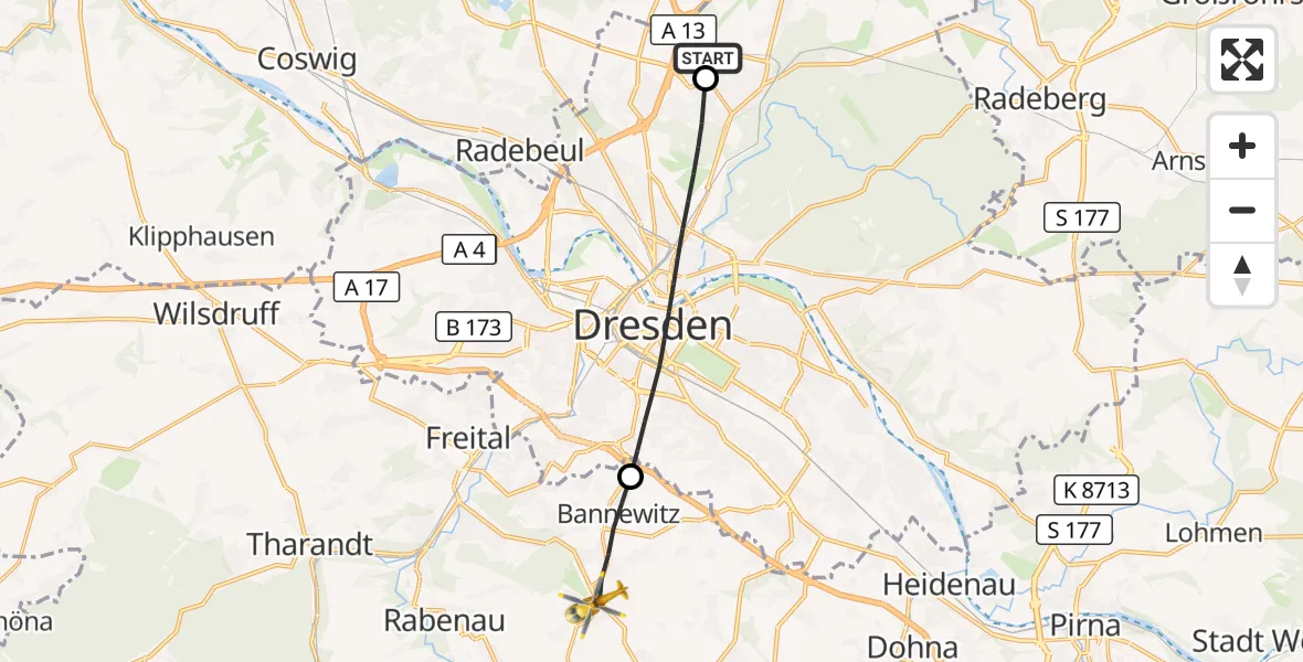 Flugroute Rettungshubschrauber Dresden Flughafen - Bannewitz, 25 Juli 2026, 13:36