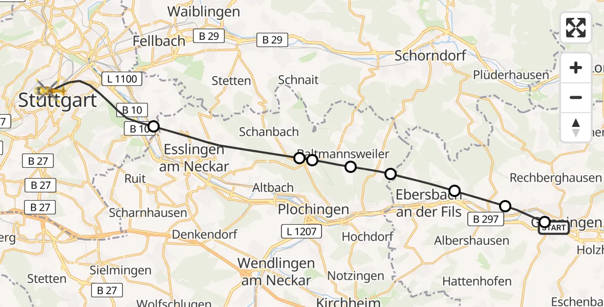 Flugroute Rettungshubschrauber Christophsbad Hubschrauberlandeplatz - Stuttgart, 25 Juli 2026, 13:37