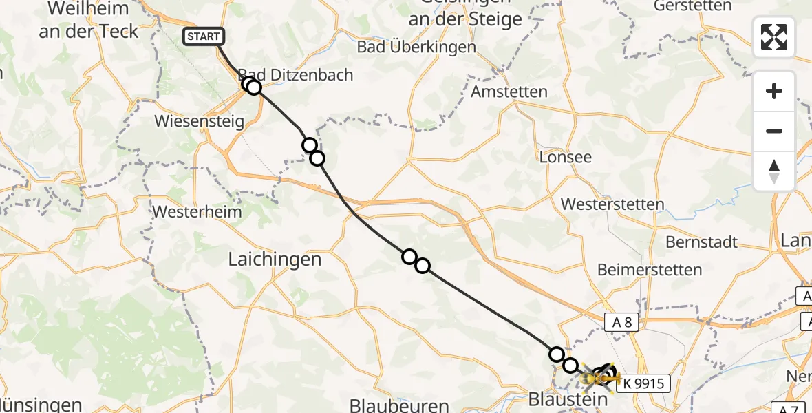 Flugroute Rettungshubschrauber Gruibingen - ADAC Air Rescue Station Ulm (Christoph 22), 25 Juli 2026, 13:38