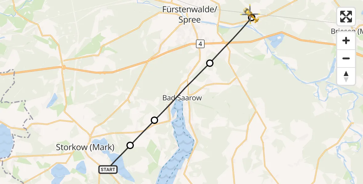 Flugroute Rettungshubschrauber Storkow (Mark) - Berkenbrück, 25 Juli 2026, 13:40