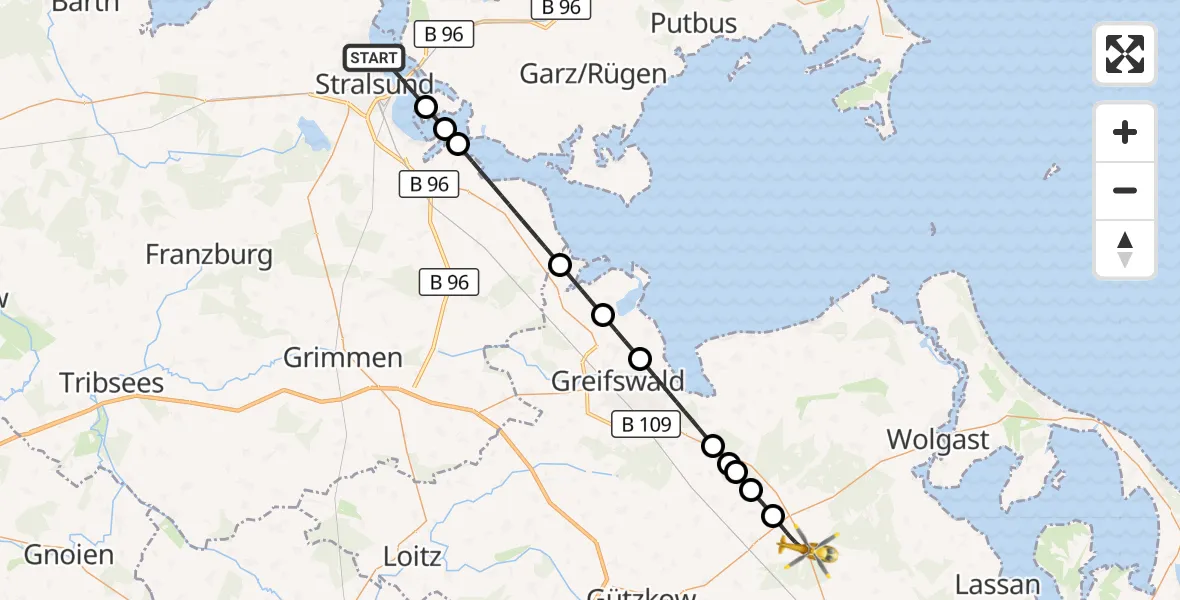 Flugroute Rettungshubschrauber Stralsund - Karlsburg, 25 Juli 2026, 13:42
