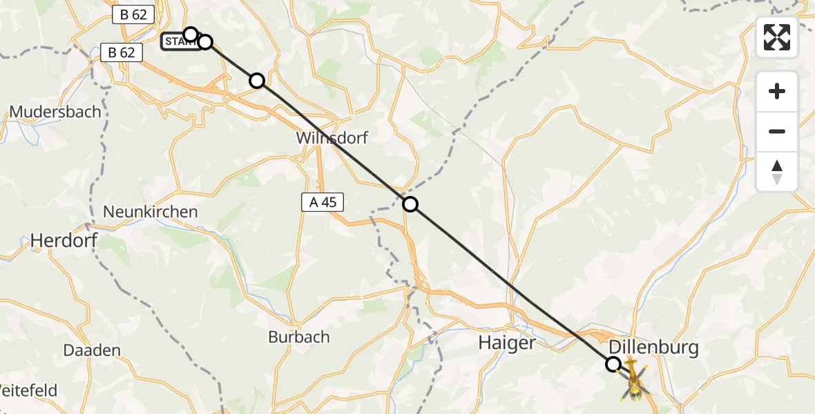 Flugroute Rettungshubschrauber Evangelisches Jung-Stilling Hospital - Dillenburg, 25 Juli 2026, 13:43