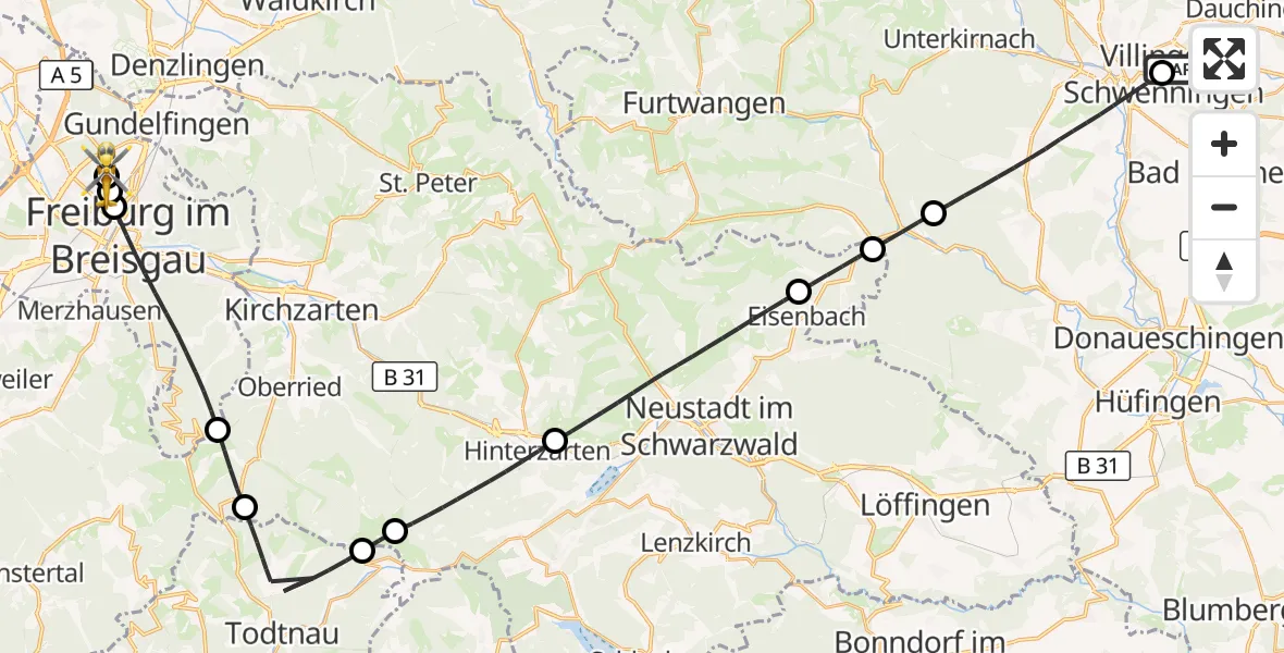 Flugroute Ambulanzhubschrauber DRF Air Rescue Station Villingen-Schwenningen Hubschrauberlandeplatz (Christoph 11) - Freiburg im Breisgau Flugplatz, 25 Juli 2026, 13:52