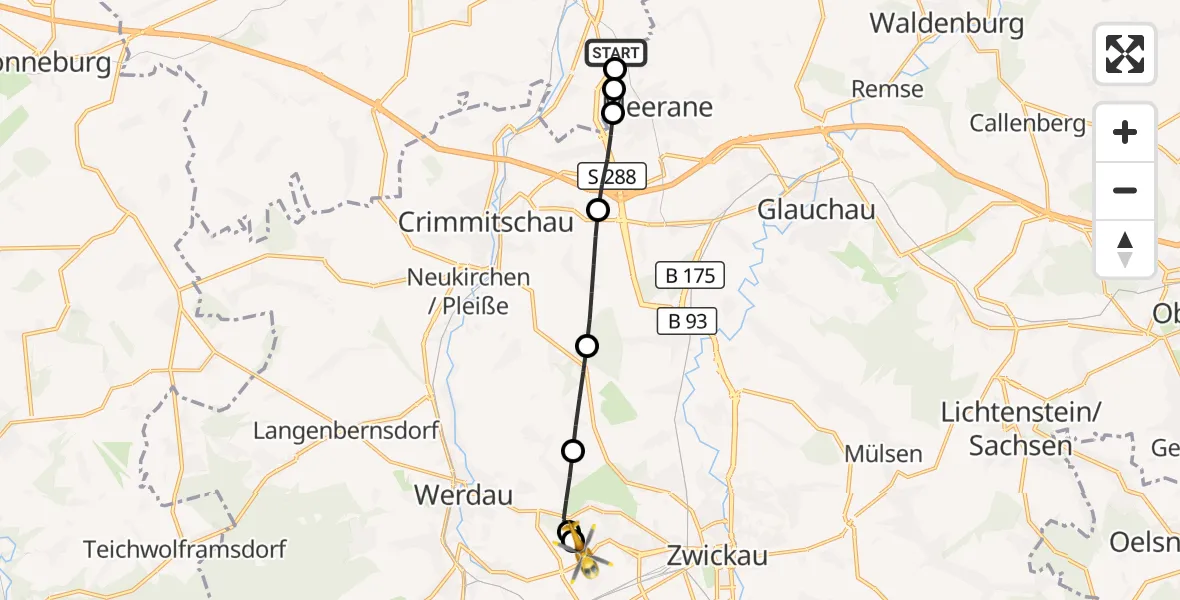 Flugroute Rettungshubschrauber Gößnitz - ADAC Air Rescue Station Zwickau Hubschrauberlandeplatz, 25 Juli 2026, 13:54