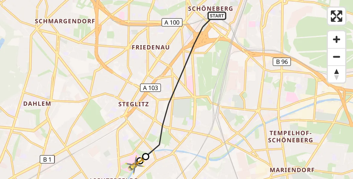 Flugroute Rettungshubschrauber Berlin - Charité Clinic Benjamin Franklin Campus, 25 Juli 2026, 13:54