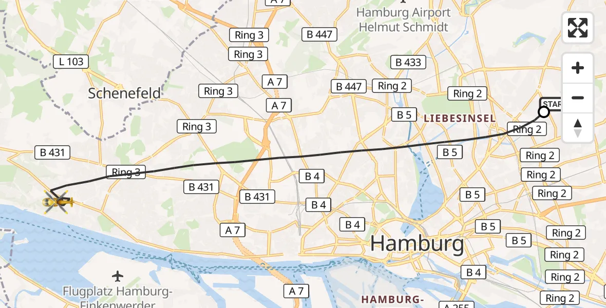 Flugroute Rettungshubschrauber Hamburg Military Hospital - Hamburg, 25 Juli 2026, 13:55