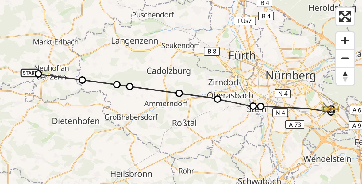 Flugroute Ambulanzhubschrauber Trautskirchen - Nürnberg South Hospital, 25 Juli 2026, 13:55