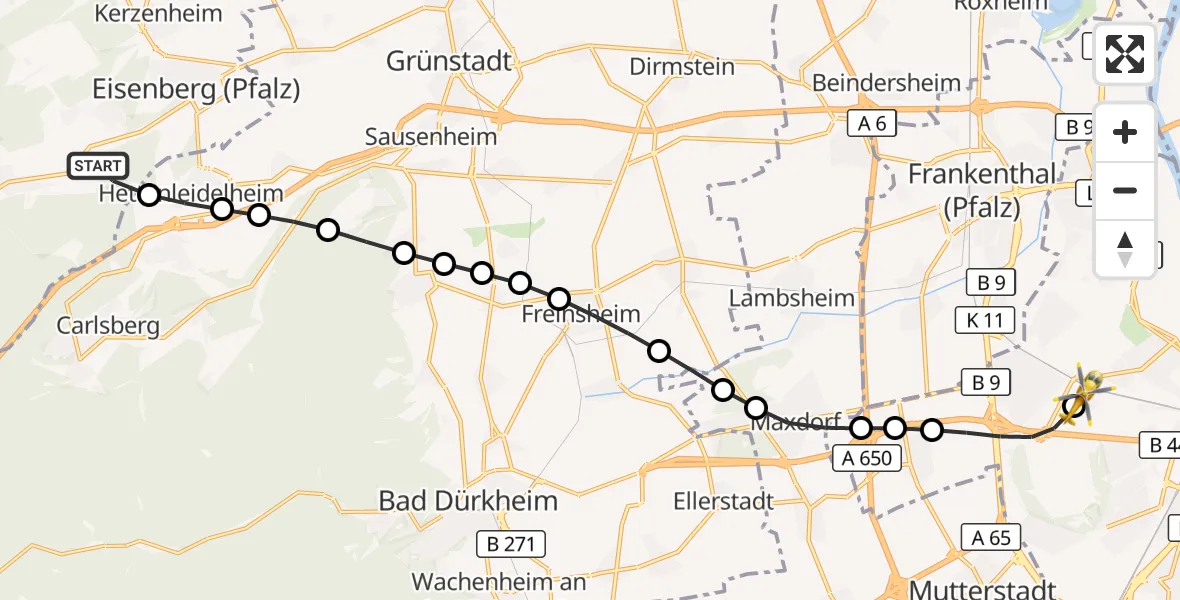 Flugroute Rettungshubschrauber Eisenberg (Pfalz) - Ludwigshafen Accident Hospital, 25 Juli 2026, 13:56